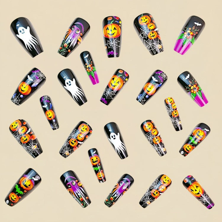 Collection of Halloween nail art stickers with spooky festive designs like pumpkins, bats, and ghosts for manicures.