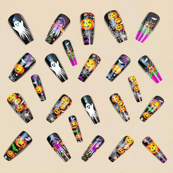 Collection of Halloween nail art stickers with spooky festive designs like pumpkins, bats, and ghosts for manicures.