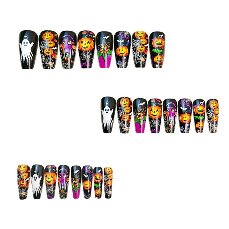Vibrant Halloween nail art stickers featuring detailed spooky pumpkins, bats, and ghosts for a festive manicure.