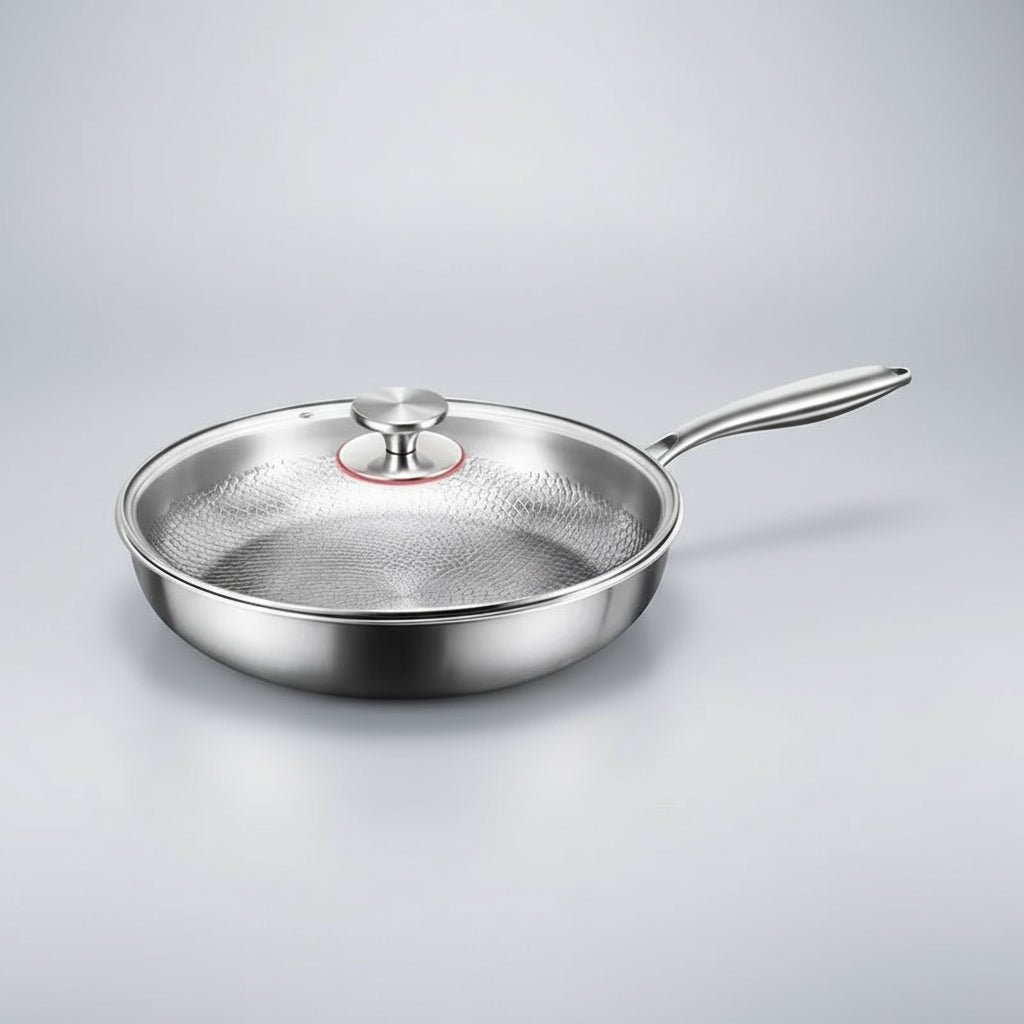 Hammered titanium frying pan for induction cooktops. Durable professional kitchen skillet cookware.