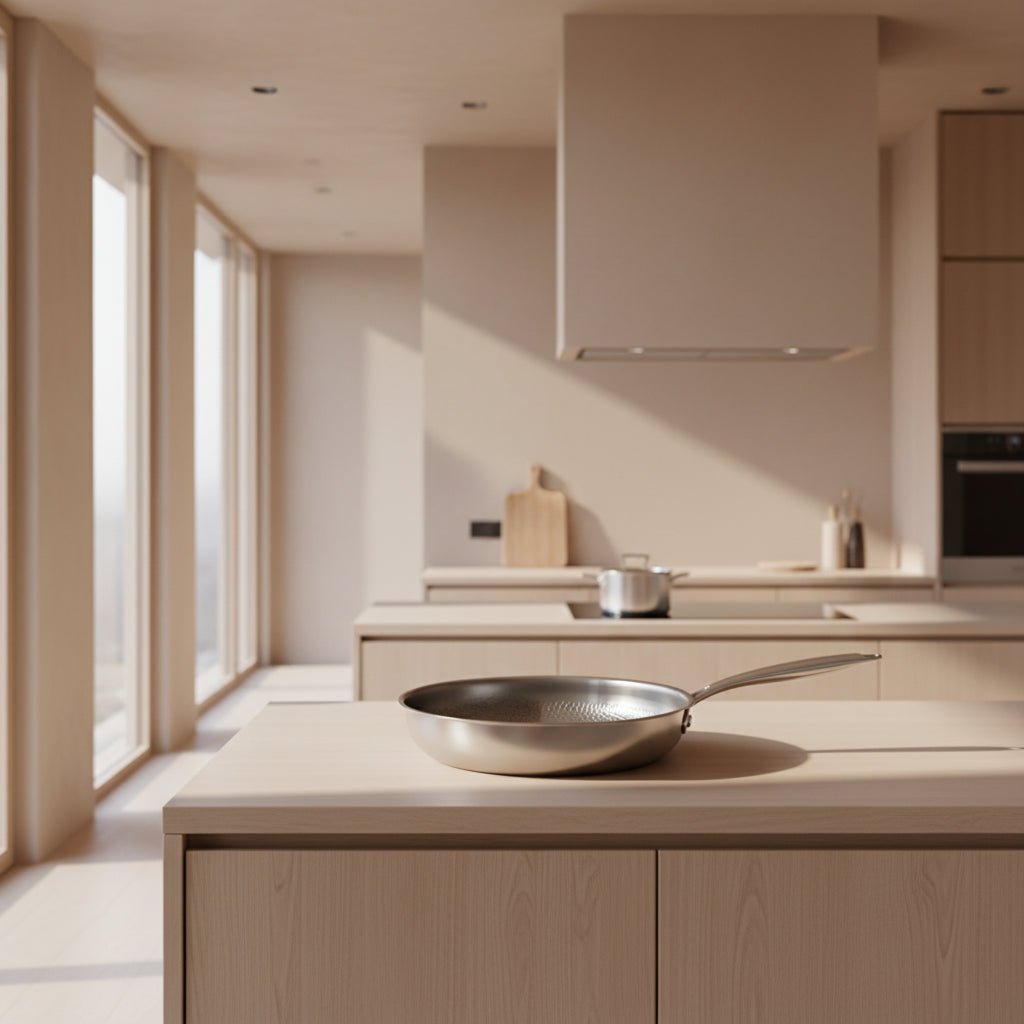 Modern hammered titanium frying pan, a versatile and durable choice for induction cooking.