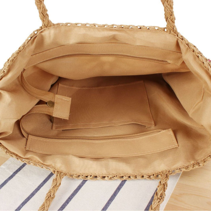 Stylish beige women's tote bag with intricate floral design, a handcrafted shoulder bag for daily casual use.