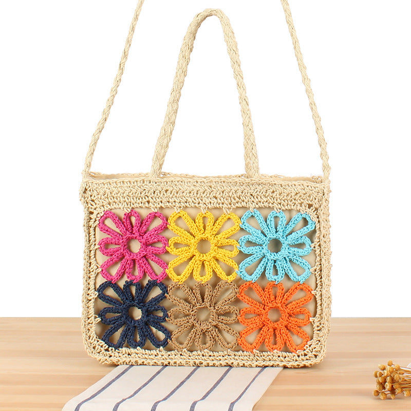 Handcrafted women's floral tote bag, an elegant and versatile beige shoulder bag perfect for summer and daily use.