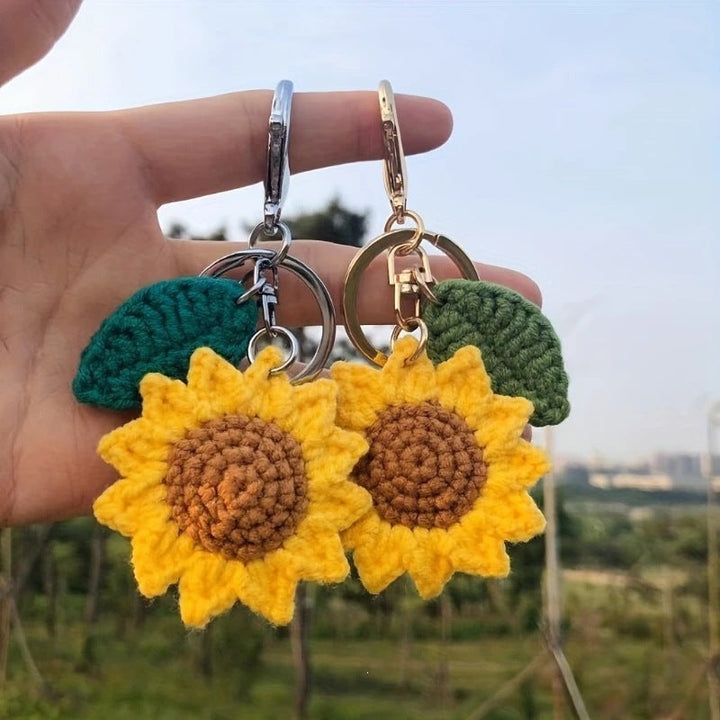 Thoughtful handmade gift: charming floral crochet sunflower keychain, a cute bag accessory for women.