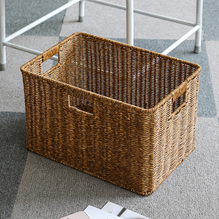 Handcrafted rectangular wicker storage bin for home organization.