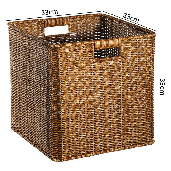 Handcrafted wicker basket, excellent for pantry or kitchen organization.