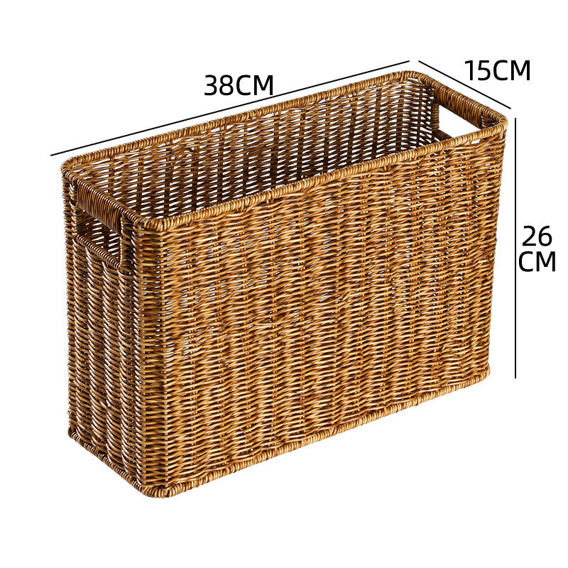 Bohemian rectangular wicker basket, enhances natural decor themes.