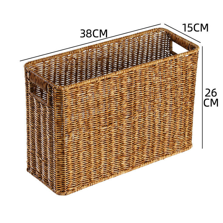 Bohemian rectangular wicker basket, enhances natural decor themes.