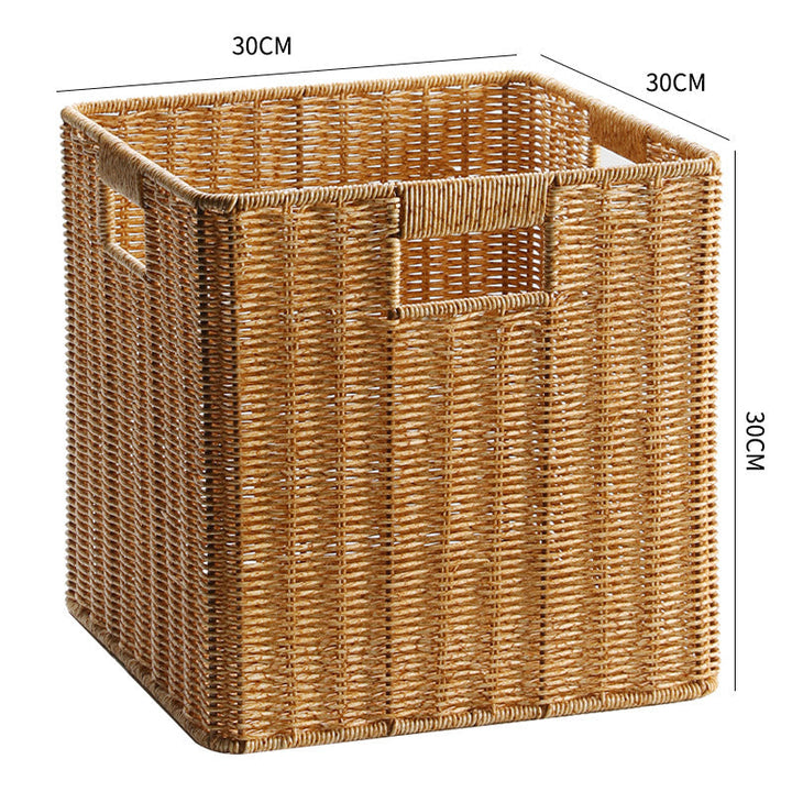Natural woven storage bin, ideal for entryway or mudroom.