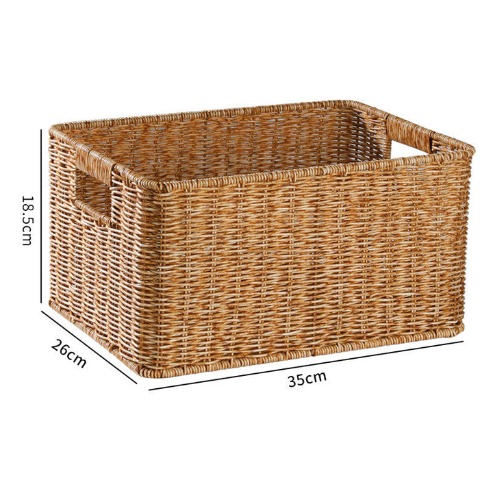 Rectangular storage bin, expertly woven from natural wicker.