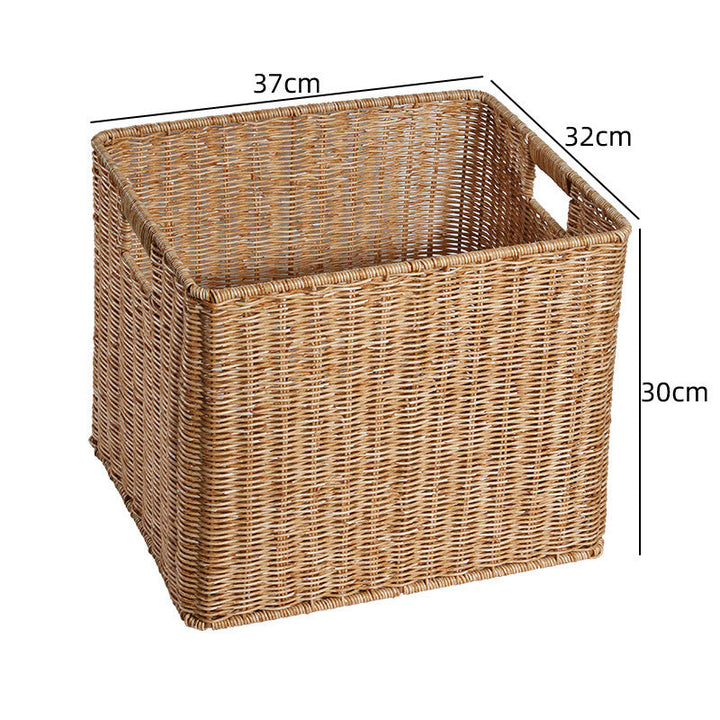 Versatile rectangular wicker organizer, suitable for living areas.