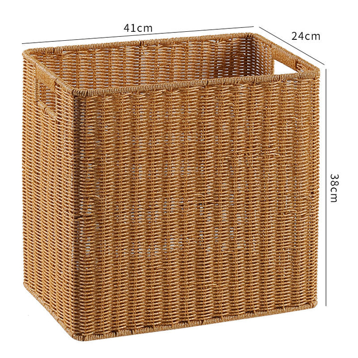Decorative rectangular wicker basket, adds rustic charm to living spaces.