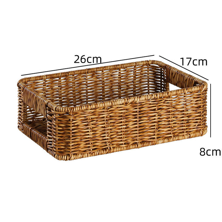 Compact rectangular wicker organizer, fits neatly on office desks.