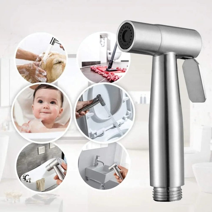 Easy no-drill installation handheld bidet sprayer. Provides hygienic personal cleaning as a toilet attachment.