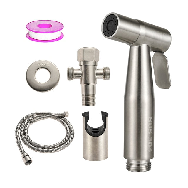 Handheld bidet sprayer kit for bathroom hygiene, wall mounted, easy installation. Ideal for personal care.