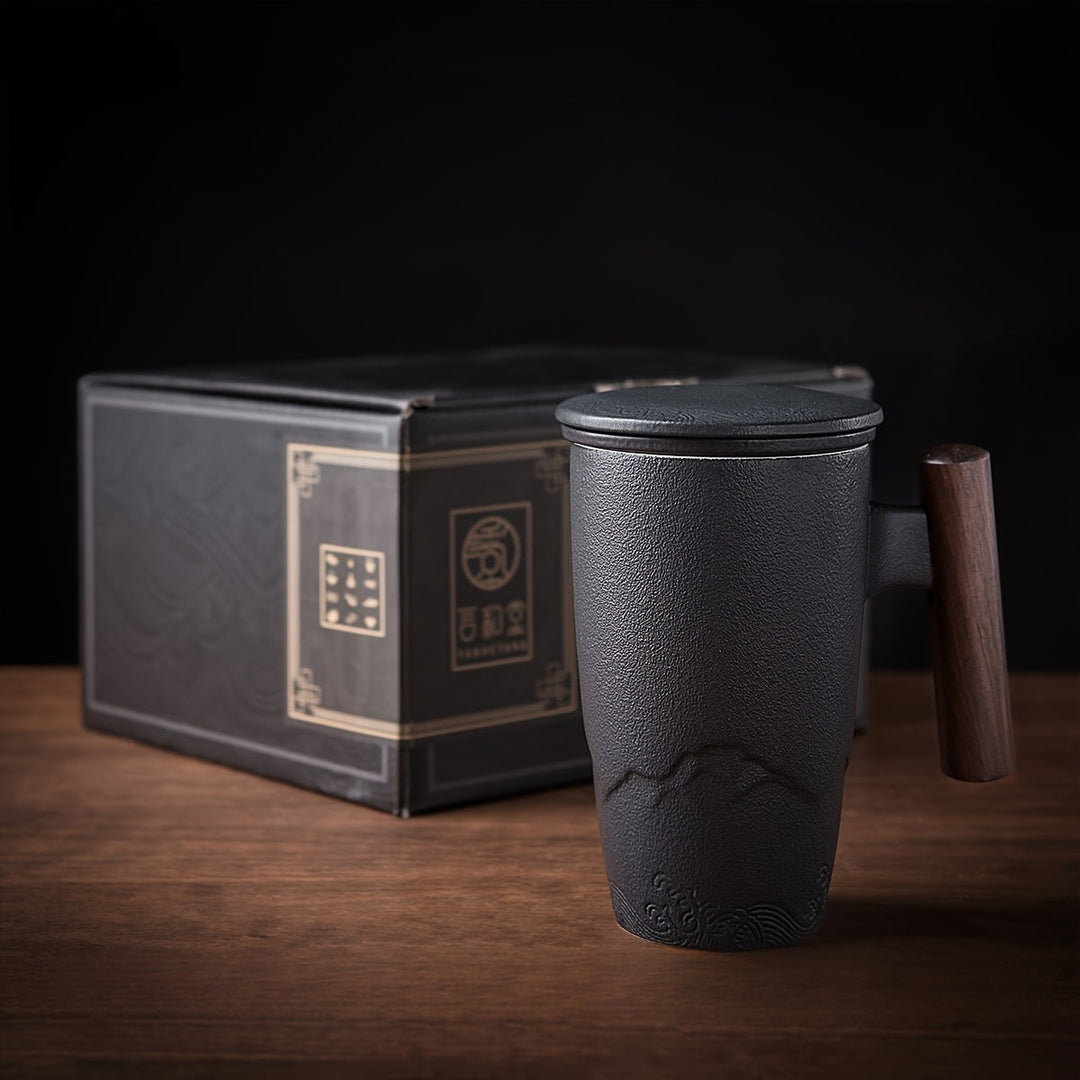 Practical handmade ceramic tea mug with strainer, designed for daily loose leaf tea enjoyment.