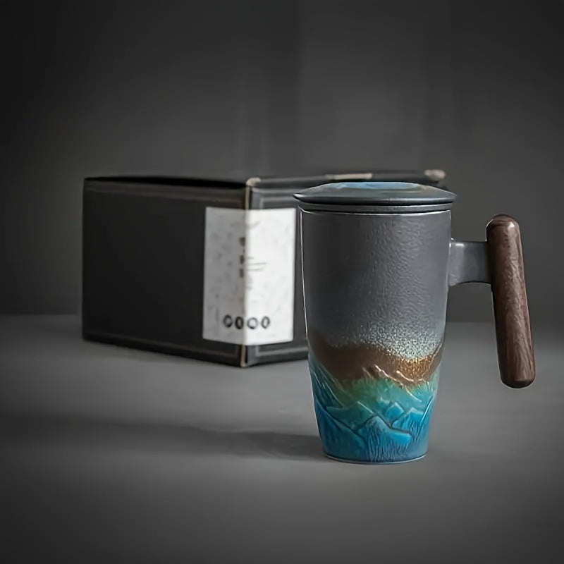 Authentic design handmade ceramic tea mug with strainer, perfect for traditional loose leaf tea.