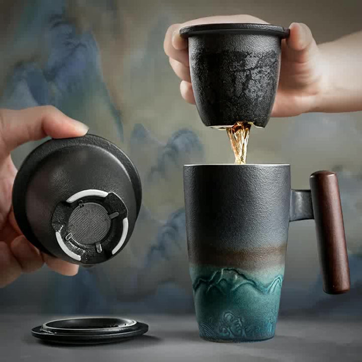 Decorative & functional handmade ceramic tea mug featuring a convenient loose leaf tea strainer.