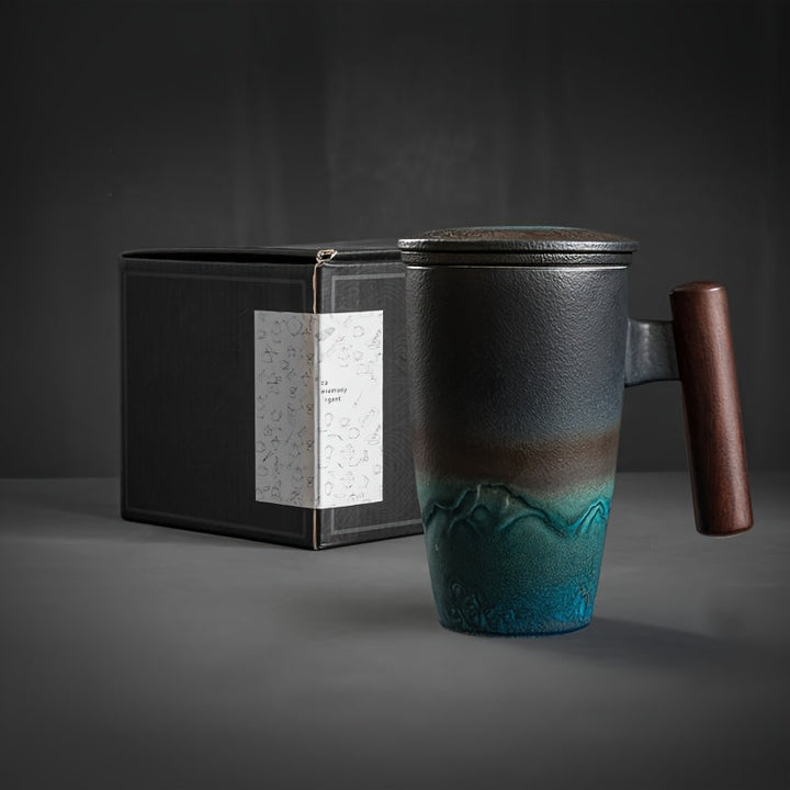 Authentic handmade ceramic tea mug & strainer, ideal for brewing loose leaf tea. Unique gift.