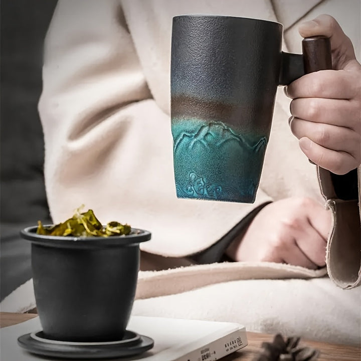 Retro design handmade ceramic tea mug with strainer for an authentic loose leaf tea experience.