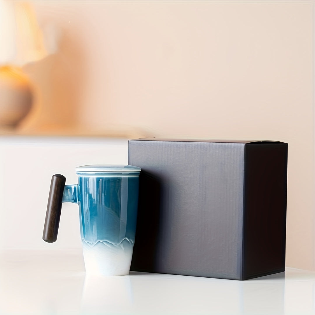 Handmade ceramic tea mug with strainer, also suitable as a unique coffee mug. Great gift.