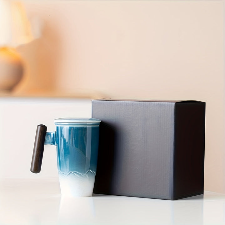 Handmade ceramic tea mug with strainer, also suitable as a unique coffee mug. Great gift.