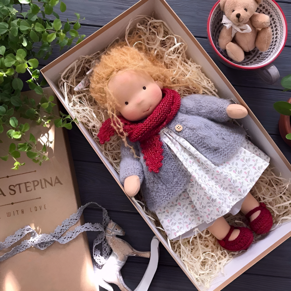 Waldorf doll for kids, handmade, natural wool & cotton, a cuddly, soft toy for imaginative play.