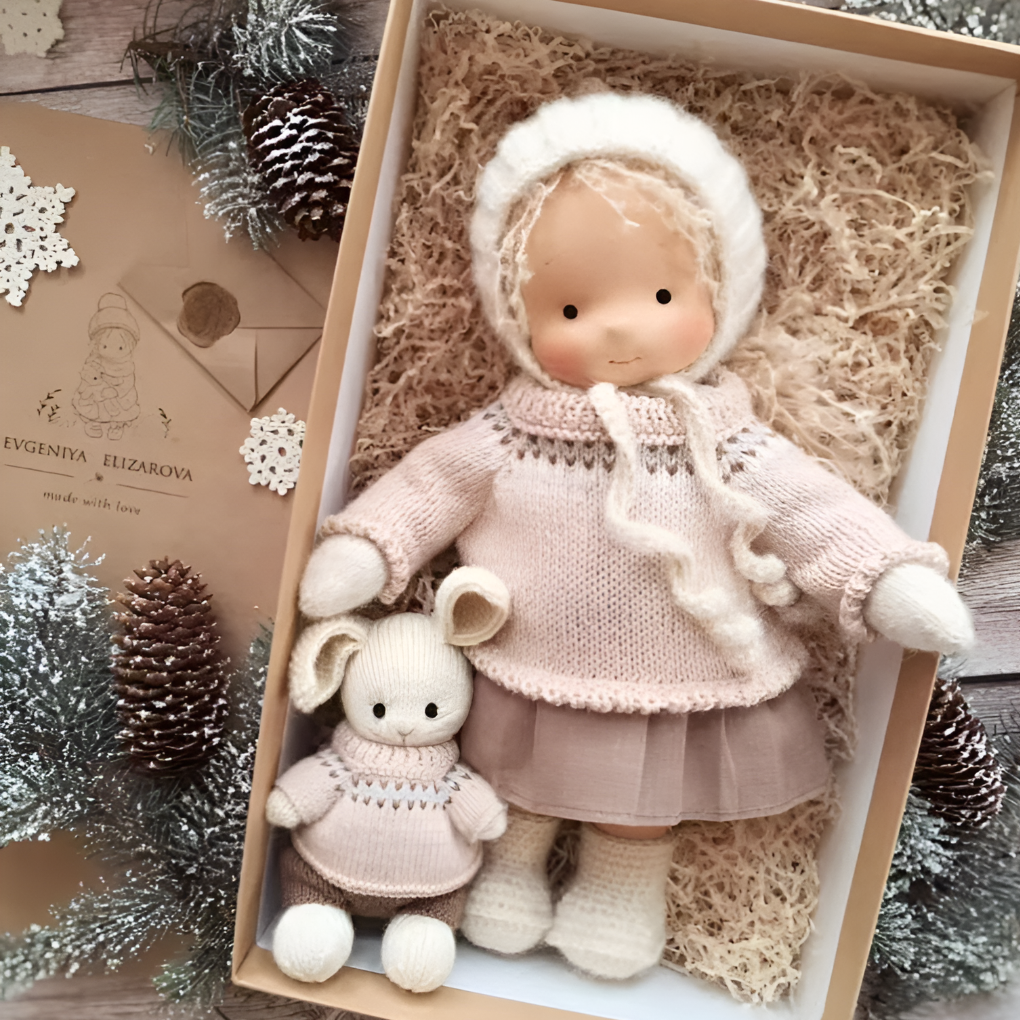 Soft cuddly Waldorf doll, handmade, natural materials, perfect for imaginative play & toddlers.