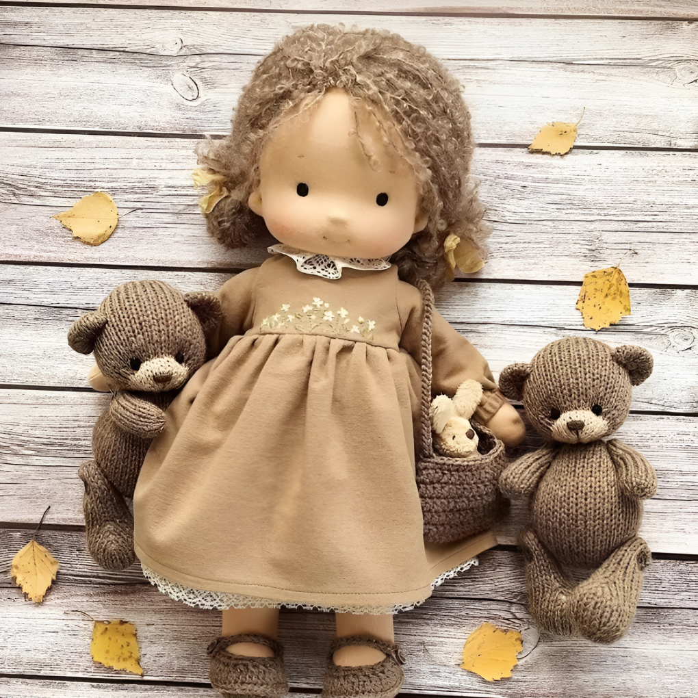Handmade Waldorf doll, natural wool, soft and cuddly, ideal for kids' imaginative playtime.