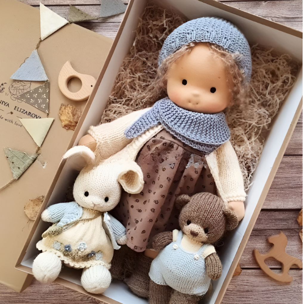 Kids' cuddly Waldorf doll, handmade with natural cotton, soft toy for imaginative play.