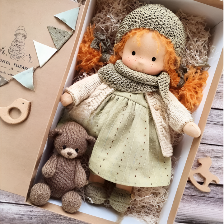 Natural fiber Waldorf doll, handmade, soft, cuddly and perfect for imaginative toddler play.