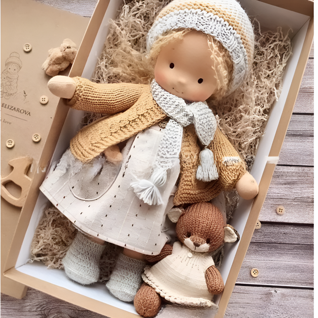 Waldorf doll, handmade with natural wool & cotton, a soft cuddly toy for kids' imaginative play.