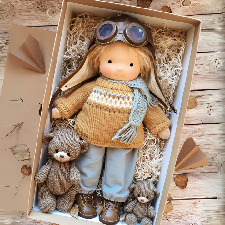 Soft handmade Waldorf doll, natural materials, perfect cuddly toy for toddlers' imaginative play.