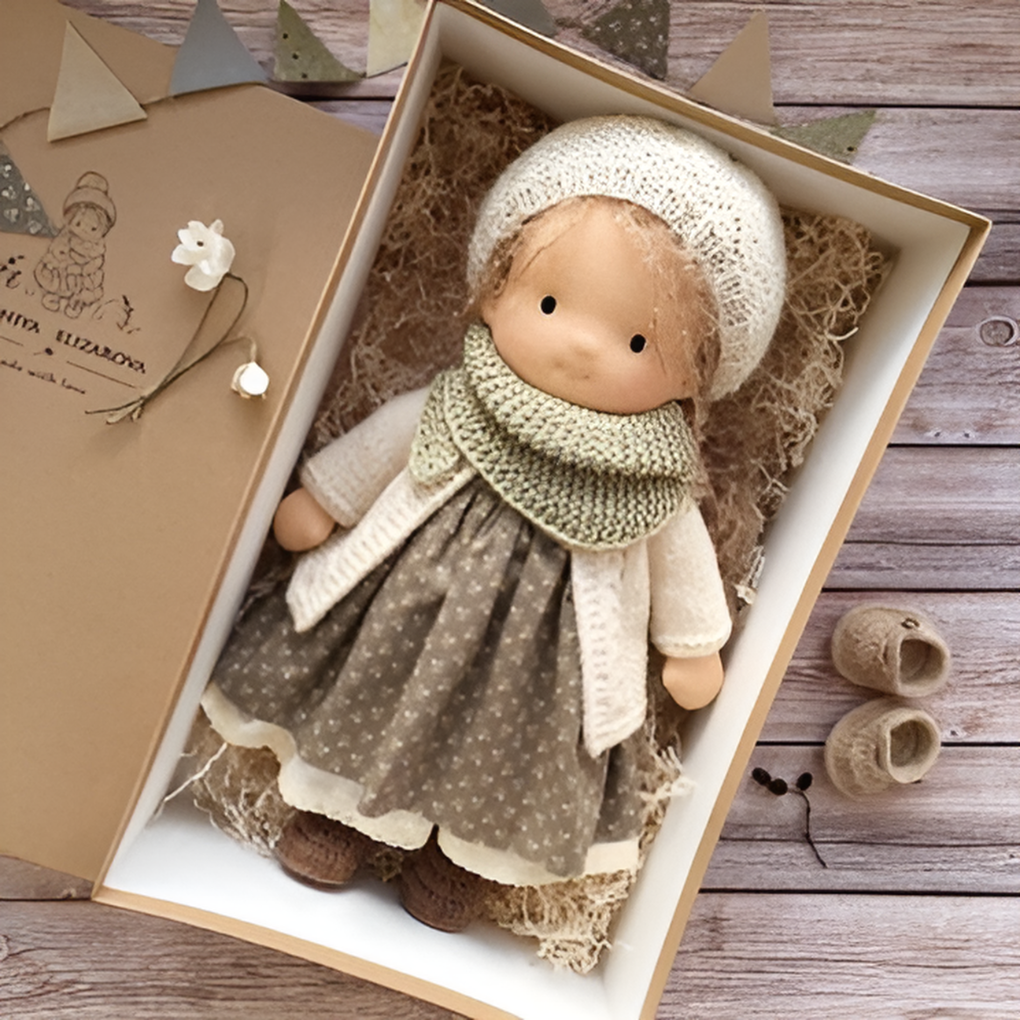 Cuddly handmade Waldorf doll, natural cotton, a soft toy for kids encouraging imaginative play.