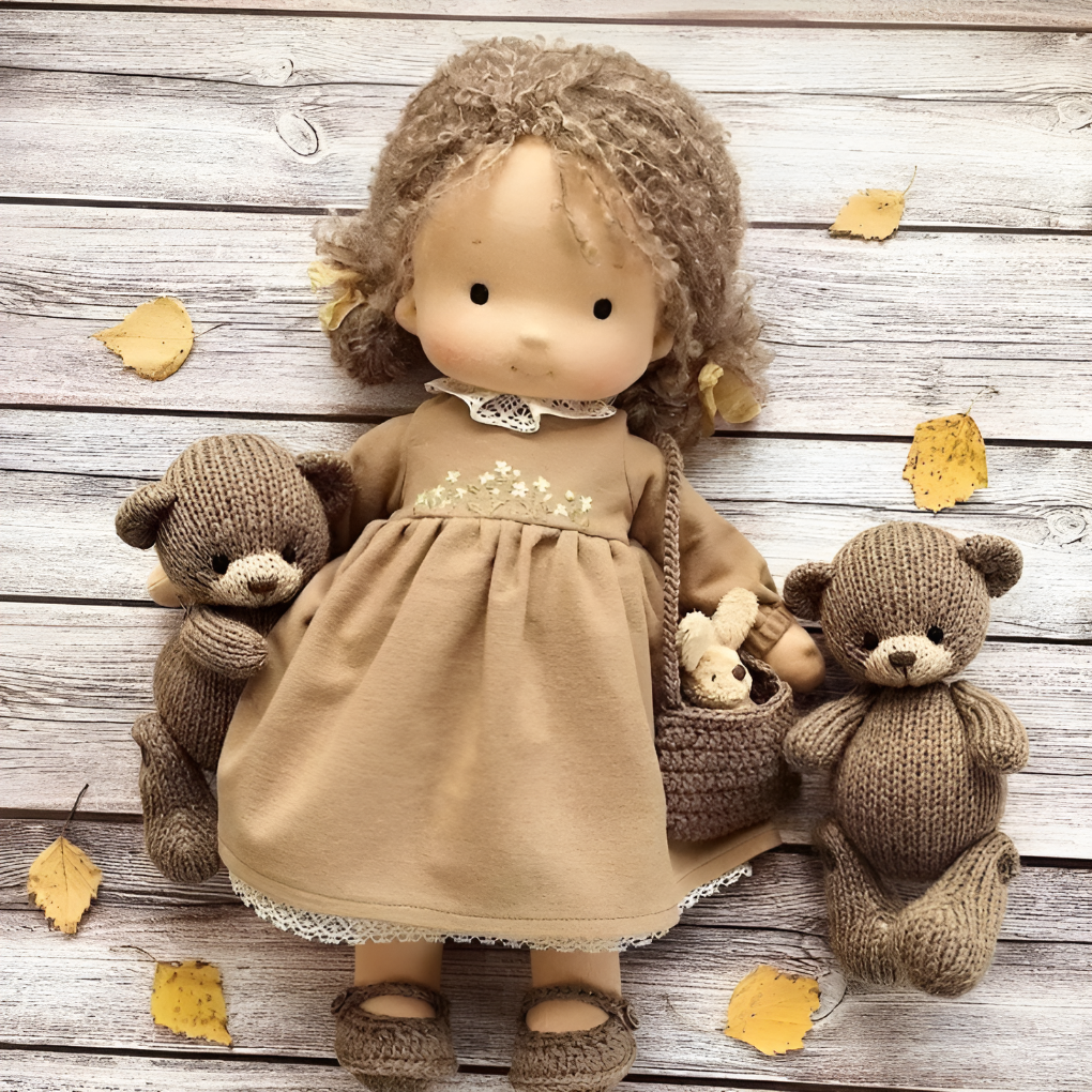 Kids' natural Waldorf doll, handmade, soft wool toy for imaginative play & cuddling.