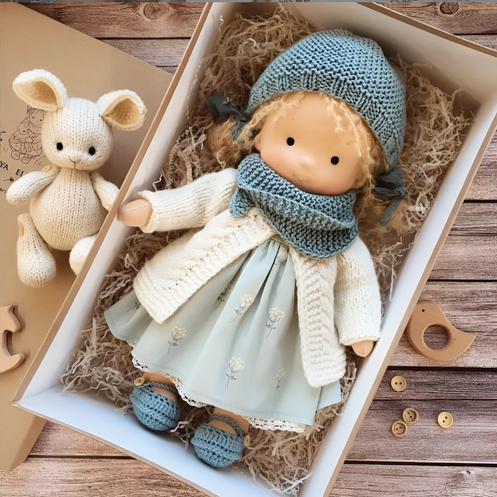 Imaginative play doll, handmade Waldorf style, natural fibers, soft & cuddly for toddlers.