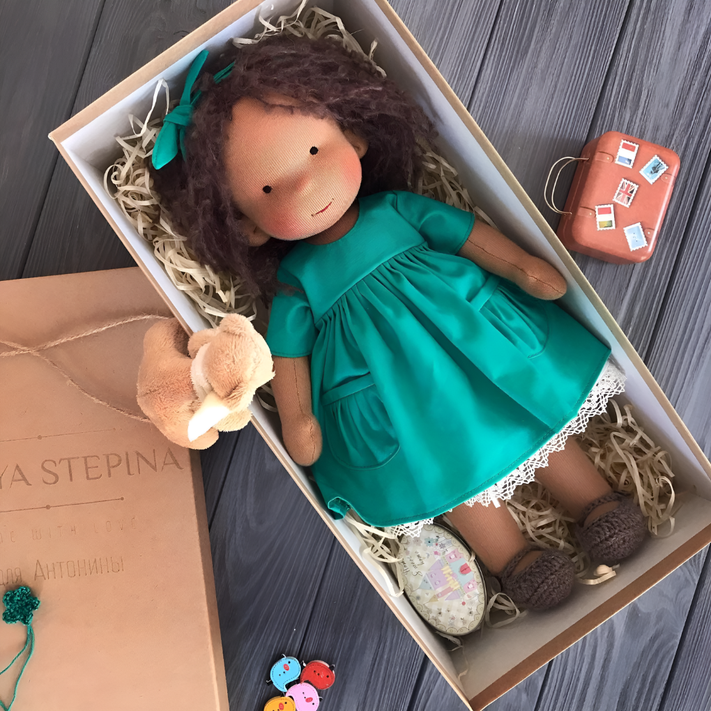 Handmade cuddly Waldorf doll, natural materials, a soft toy for kids' imaginative adventures.
