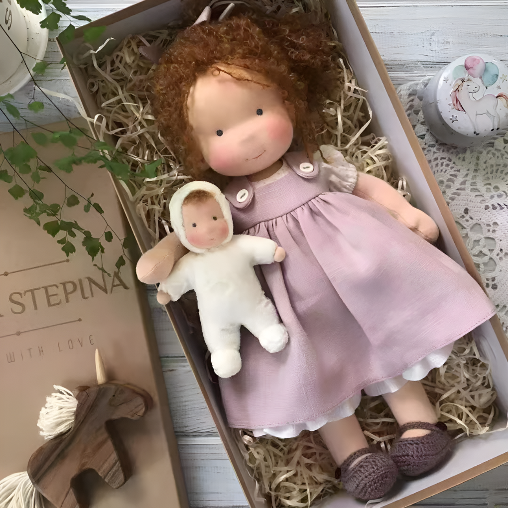 Soft wool Waldorf doll, handmade for kids, a natural cuddly toy for imaginative playtime.