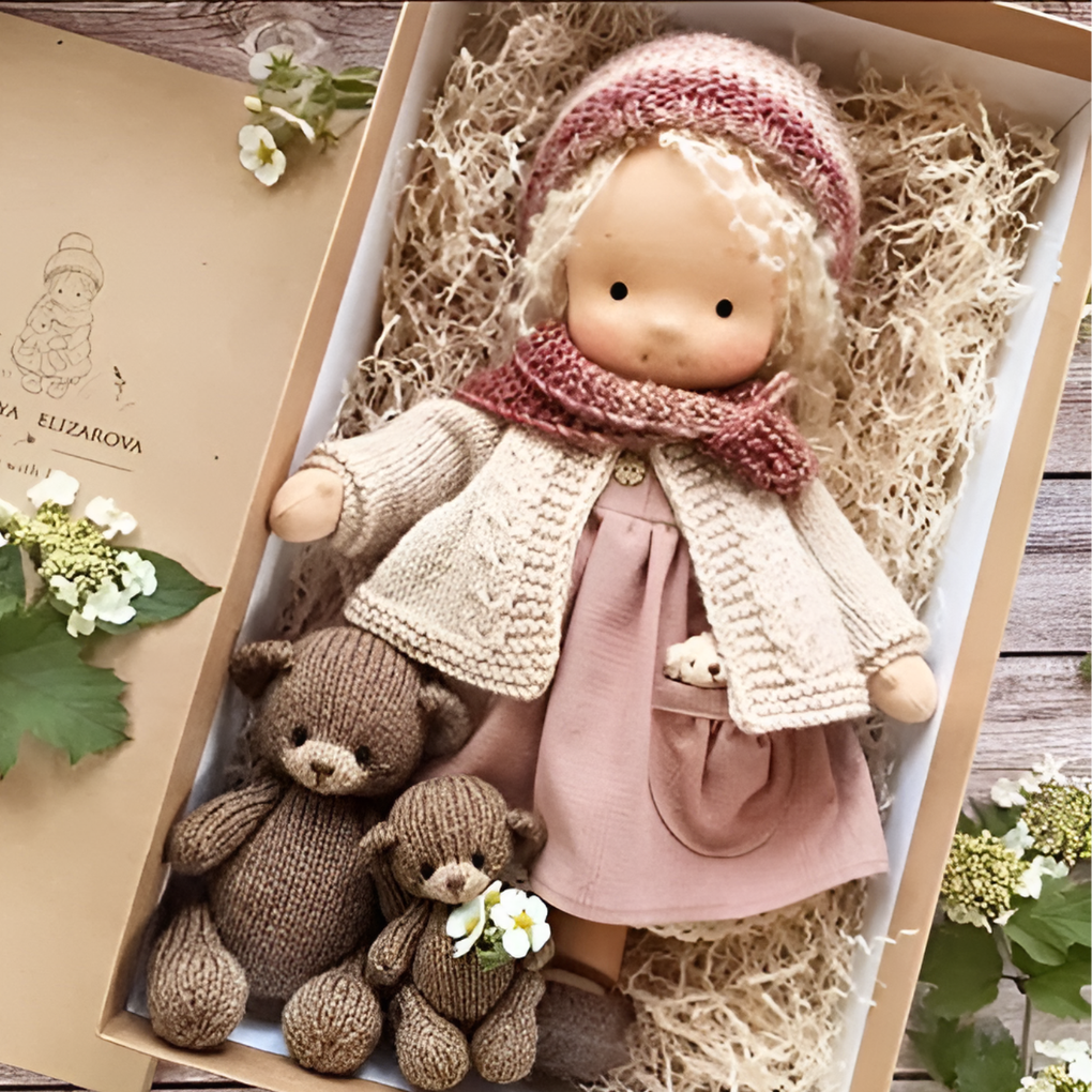 Natural cotton Waldorf doll, handmade, soft and cuddly, perfect for toddlers' imaginative play.
