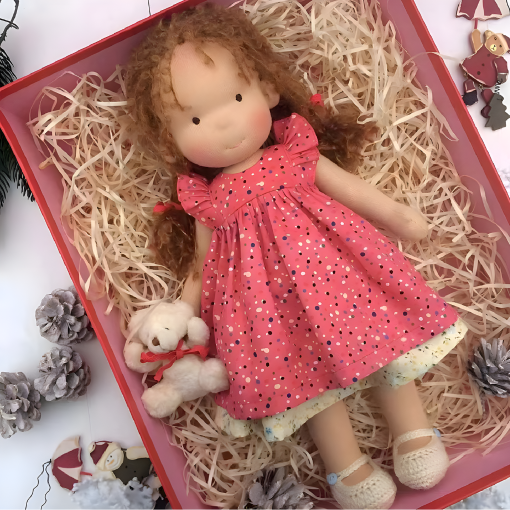 Soft natural Waldorf doll, handmade for toddlers, a cuddly toy for imaginative play.