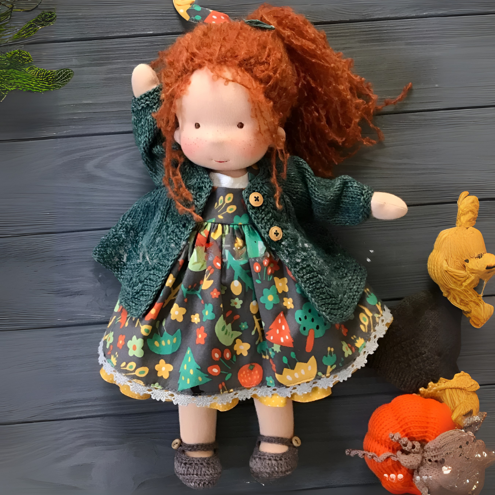 Handmade Waldorf doll, natural fibers, soft cuddly toy for kids' imaginative adventures.