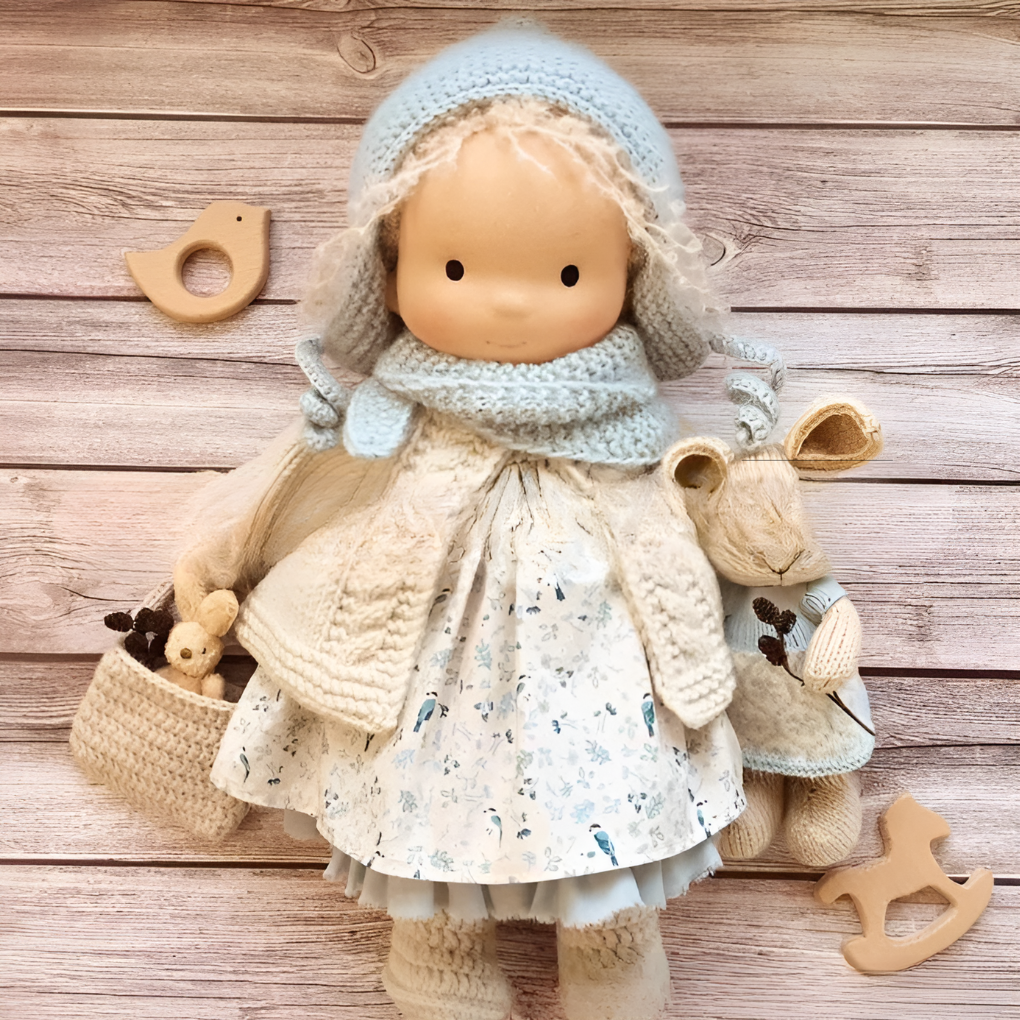 Cuddly Waldorf doll, handmade, natural cotton & wool, for imaginative toddler play.