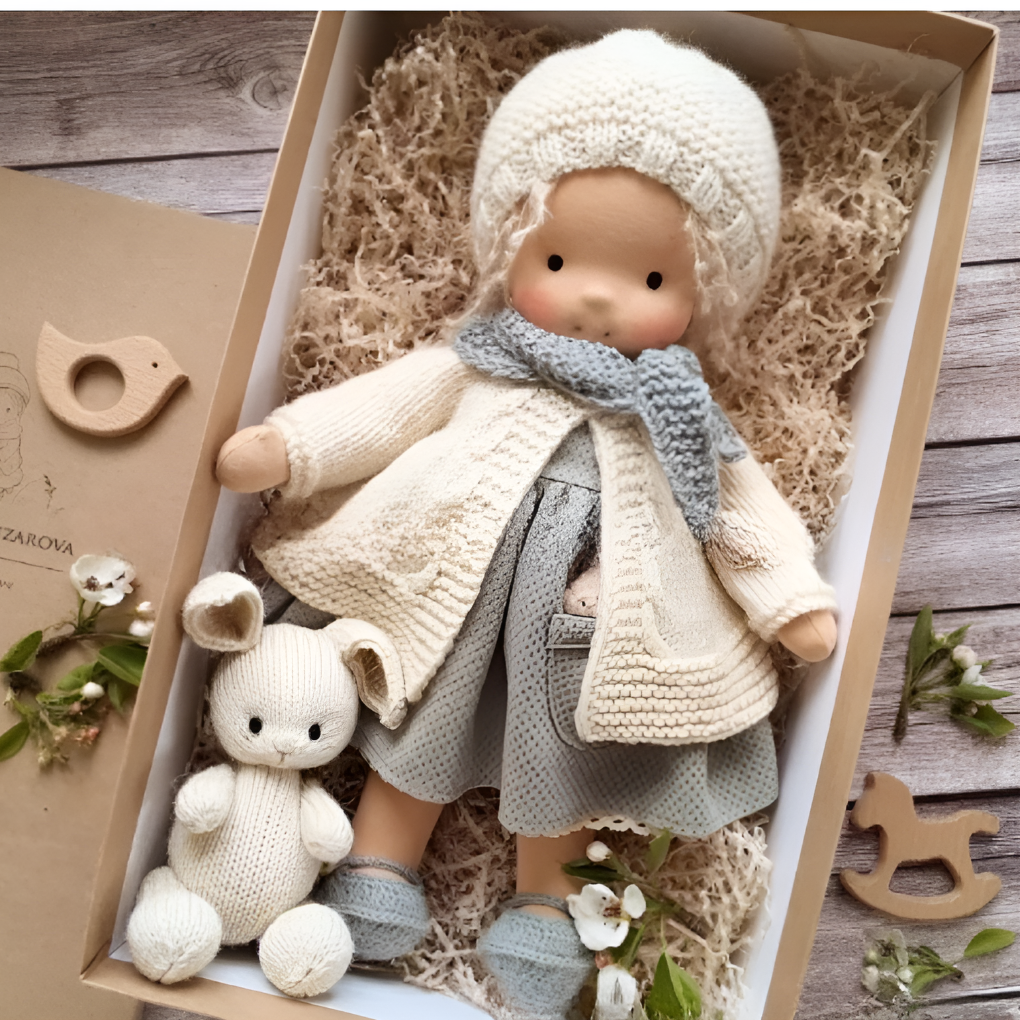 Kids' soft Waldorf doll, handmade, natural materials, perfect cuddly toy for imaginative play.