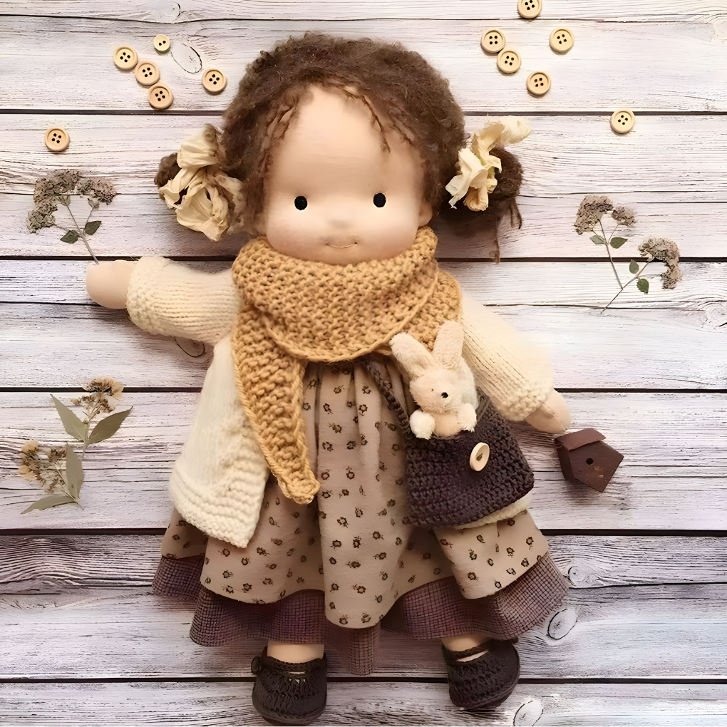 Natural wool Waldorf doll, handmade, cuddly and soft, ideal for imaginative play for kids.
