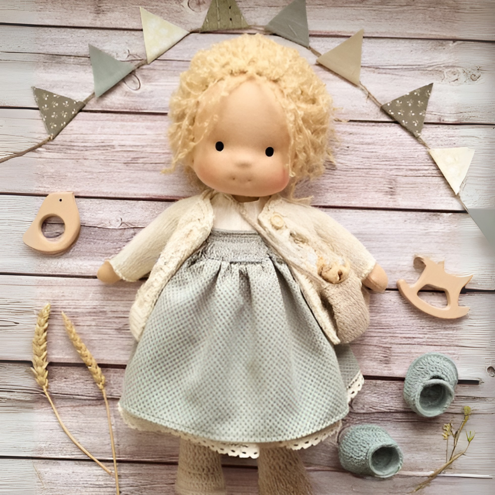 Kids' handmade Waldorf doll, natural fibers, a soft and cuddly toy for imaginative toddler play.