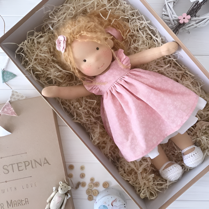 Imaginative play Waldorf doll, handmade, natural cotton, a soft cuddly toy for toddlers.