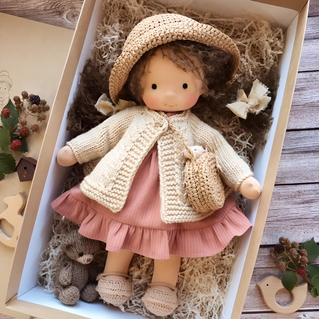 Handmade Waldorf doll, natural materials, soft and cuddly, a kids' toy for imaginative play.