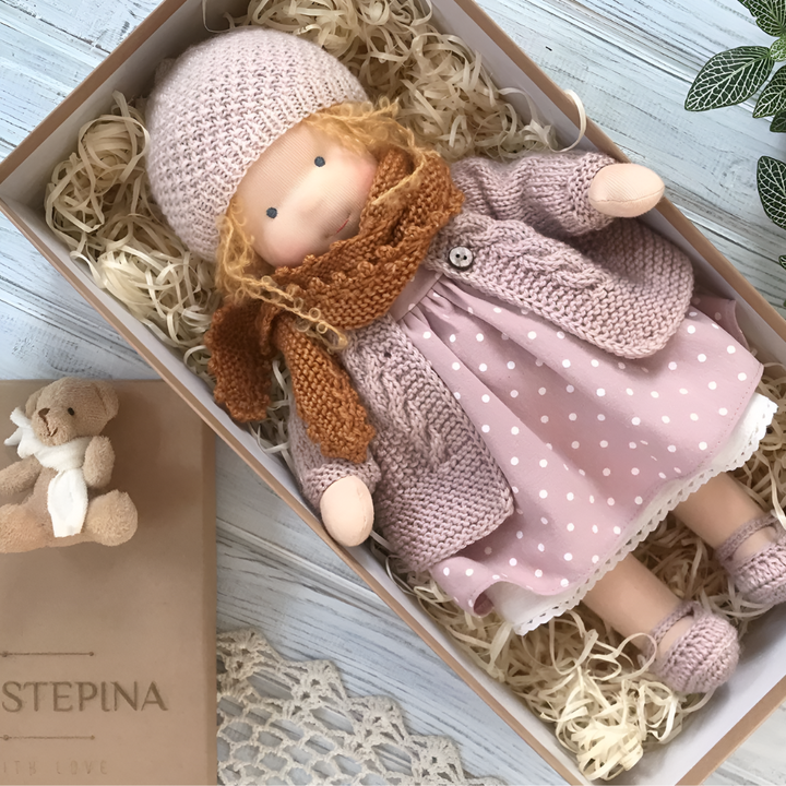 Kids' handmade natural Waldorf doll, wool & cotton, soft cuddly toy for imaginative play.
