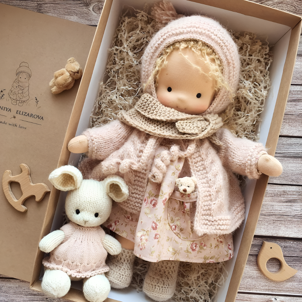 Natural Waldorf cuddly doll, handmade, soft and perfect for toddlers' imaginative play.