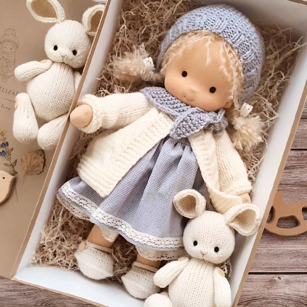 Handmade Waldorf doll, natural wool, a soft cuddly toy for kids' imaginative play.